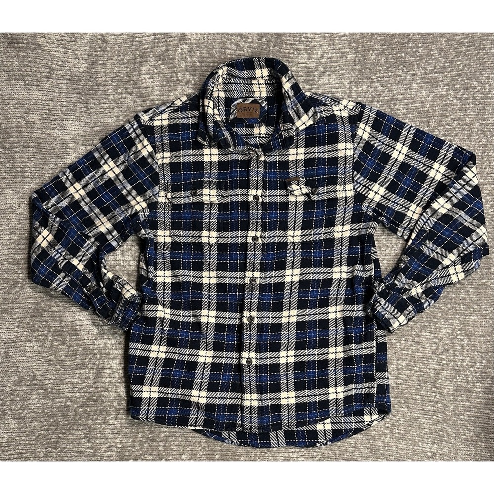 Orvis Men's 100% Cotton Plaid Flannel Button-Down Work Shirt Blue Medium